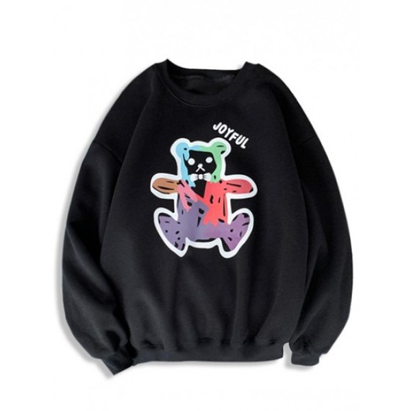 Cartoon Bear Print Rib-knit Trim Sweatsh...