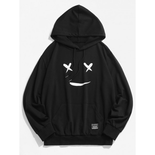 Y2K Aesthetic Cartoon Face Graphic Print Applique Detail Hoodie