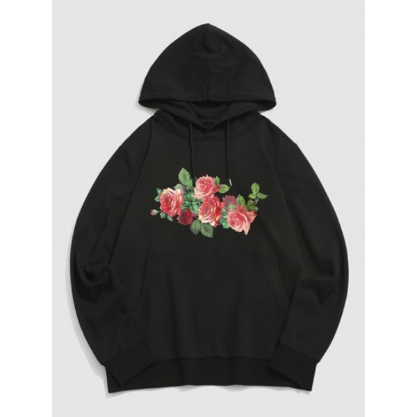 Streetwear Rose Flowers Print Front Pock...