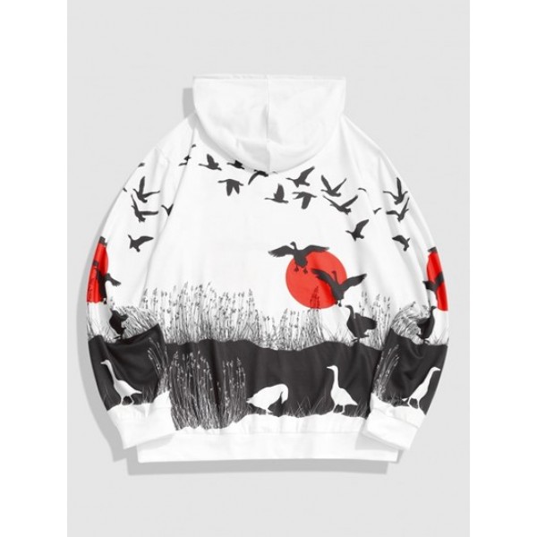 Sun Birds Print Kangaroo Pocket Chinese Hoodie