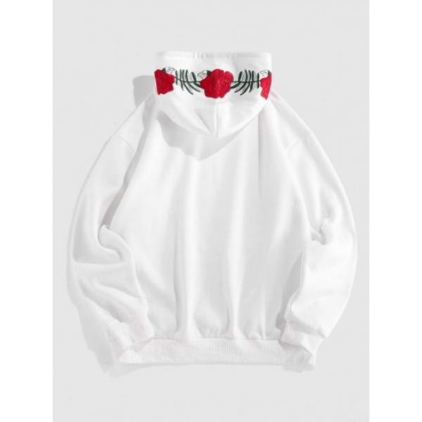 Rose Flower Embroidered Front Pocket Hoodie