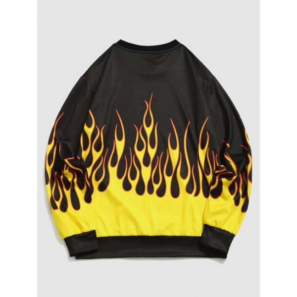 Streetwear Contrast Flame Print Pullover Sweatshirt