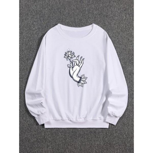 Flower Hand Print Pullover Sweatshirt