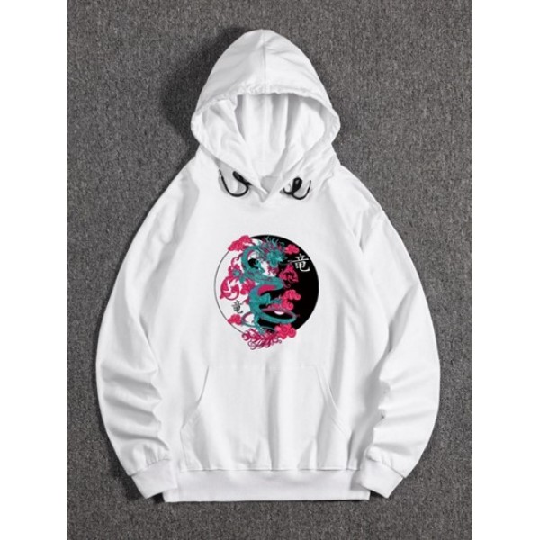 Kangaroo Pocket Dragon Print Fleece Graphic Hoodie