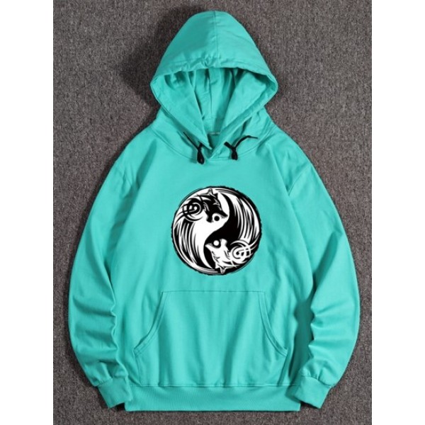 Graphic Bagua Wolf Print Kangaroo Pocket Fleece Hoodie