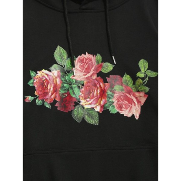 Streetwear Rose Flowers Print Front Pocket Graphic Hoodie