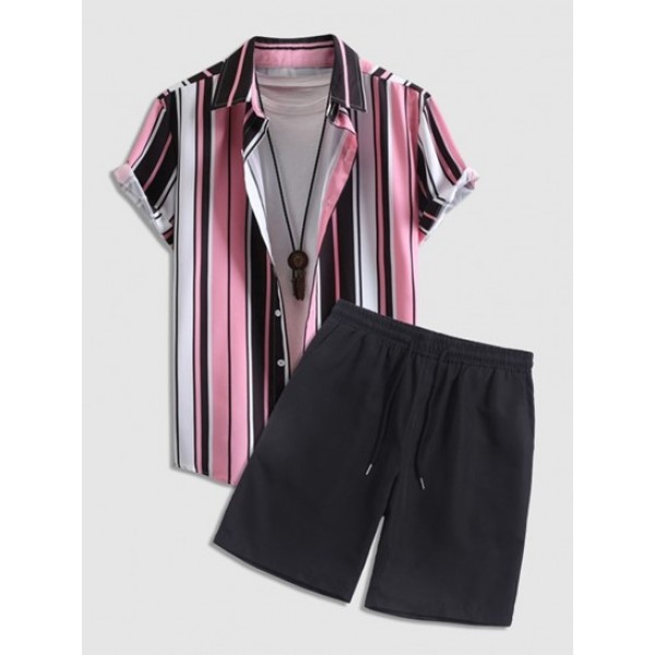 Vertical Stripes Short Sleeve Button Up Shirt And Basic Casual Shorts Set