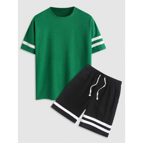 Striped Sports Textured Short Sleeves T-shirt And Shorts Set