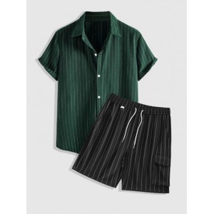 Striped Pattern Short Sleeves Button Fly...