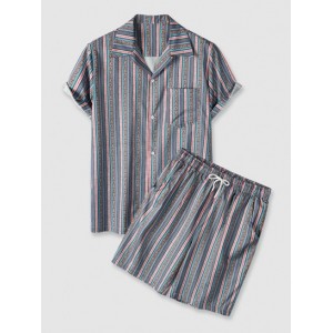 Retro Striped Geo Pattern Short Sleeves Shirt And Shorts Set