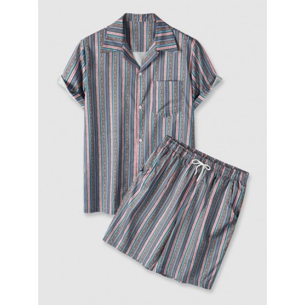 Retro Striped Geo Pattern Short Sleeves Shirt And Shorts Set