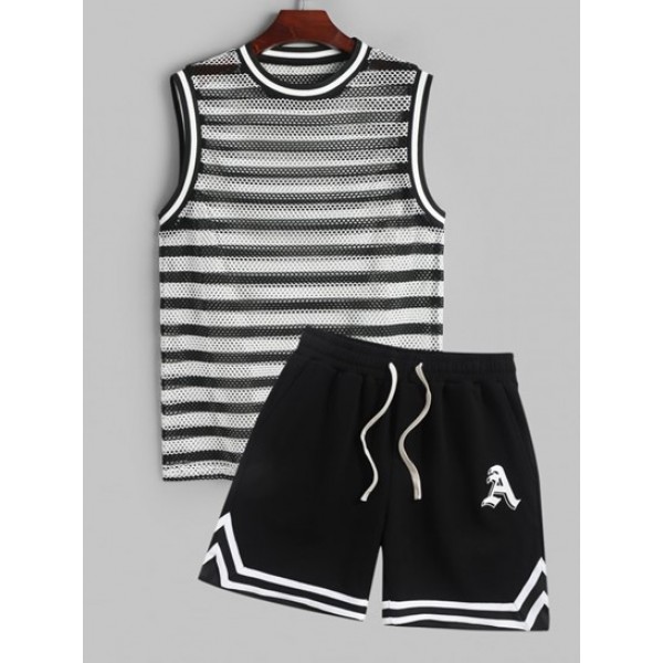 Men's Striped Pattern See-through Mesh O...