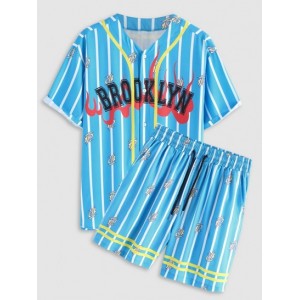 BROOKLYN Fire Flame Striped Baseball Shirt And Shorts Two Piece Set