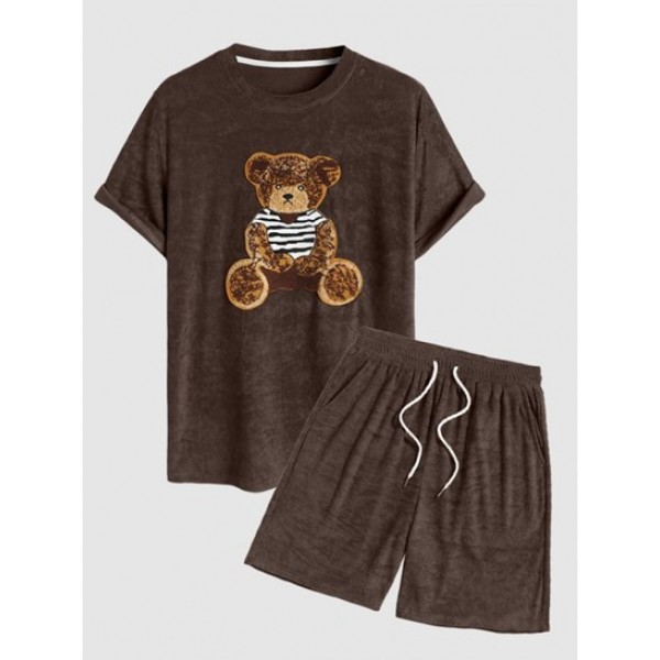 Men's Terry Cloth Crew Neck Cartoon Bear...