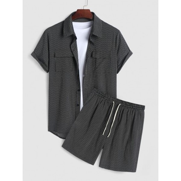 Wave Striped Pattern Flap Pockets Design Short Sleeves Shirt And Shorts Set