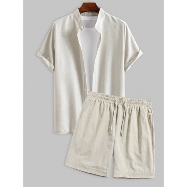 Plain Button Fly Short Sleeves Shirt With Cotton And Linen Drawstring Shorts Set