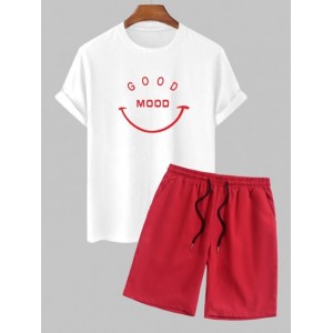 Men's GOOD MOOD Pattern Cotton Short Sleeves Crew Neck T-shirt And Solid Color Basic Drawstring Bermuda Shorts Casual Set