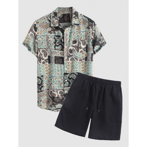 Men's Vintage Style Ethnic Paisley Printed Short Sleeves Shirt And Solid Color Basic Casual Bermuda Shorts Set