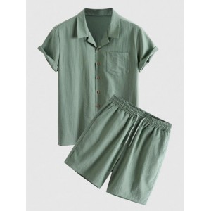 Button Up Pockets Notched Collar Shirt And Drawstring Shorts Set