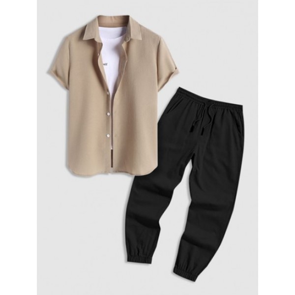 Solid Color Textured Short Sleeves Shirt And Cargo Jogger Pants Set