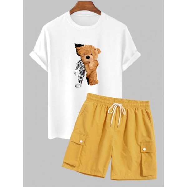 Men's Bear Robot Pattern Cotton Short Sl...