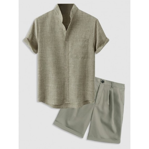 Solid Color Cotton Linen Textured Shirt And Suit Shorts Set