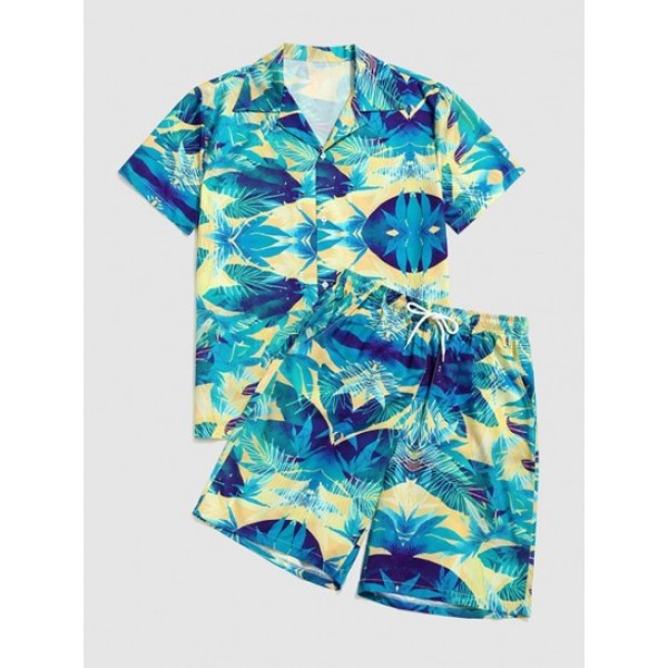 Tropical Leaves Print Shirt And Knee Len...