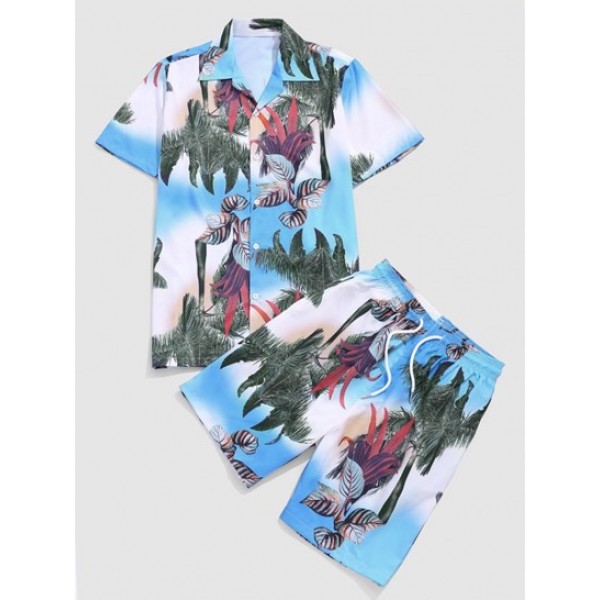 Palm Tree Leaf Print Vacation Shirt And ...