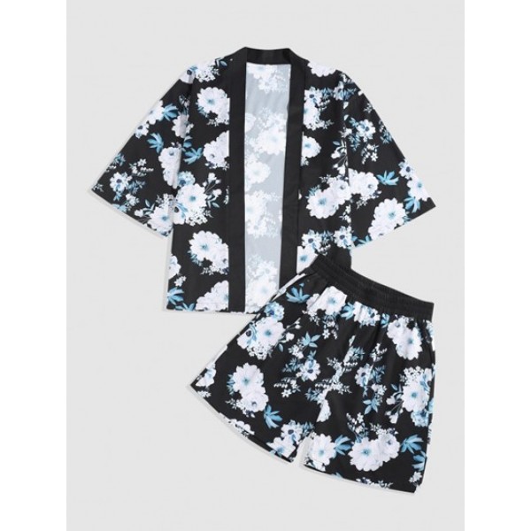 Flower Print Kimono Cardigan Shirt And S...