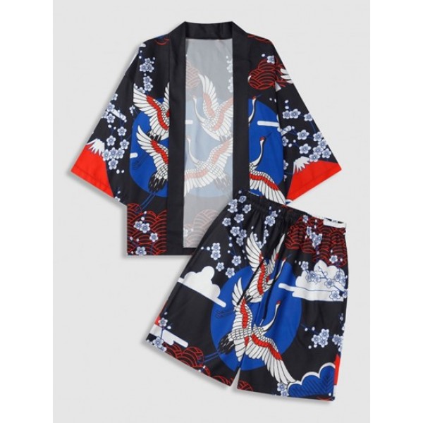 Floral And Crane Print Kimono And Shorts...