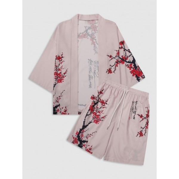 Plum Blossom Print Kimono And Shorts Set