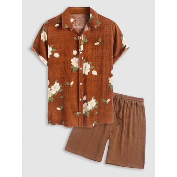 Flowers Pattern Short Sleeves Shirt With...