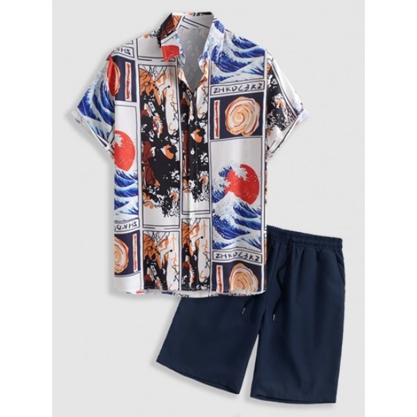 Abstract Japanese Wave Sun Pattern Short...