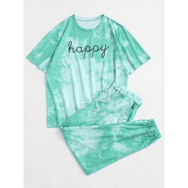 Tie Dye Happy Print Tee And Pants Set