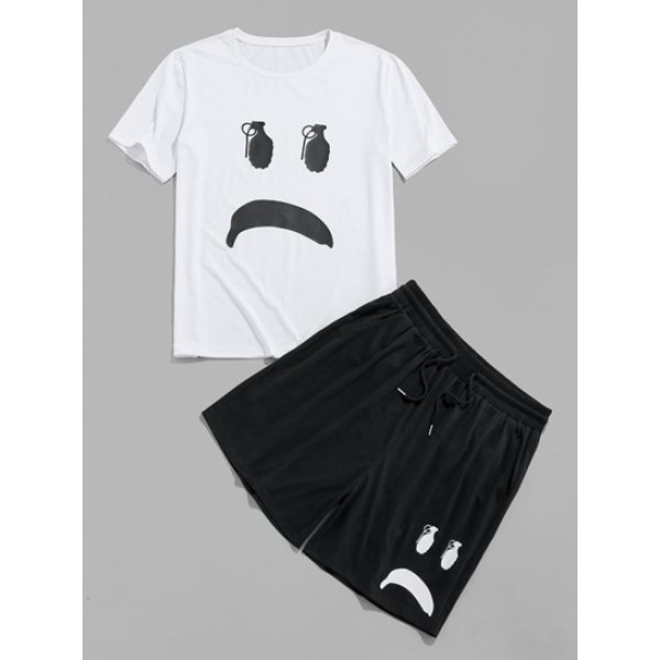 Cartoon Face T-shirt And Shorts Two Piec...