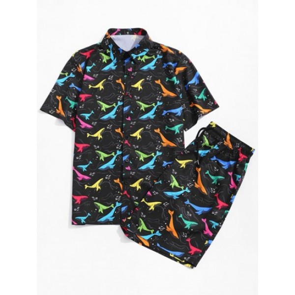 Colorful Whale Print Shirt And Shorts Se...