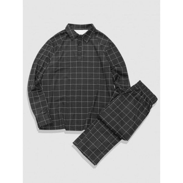 Grid Print Turn Down Collared T-shirt An...