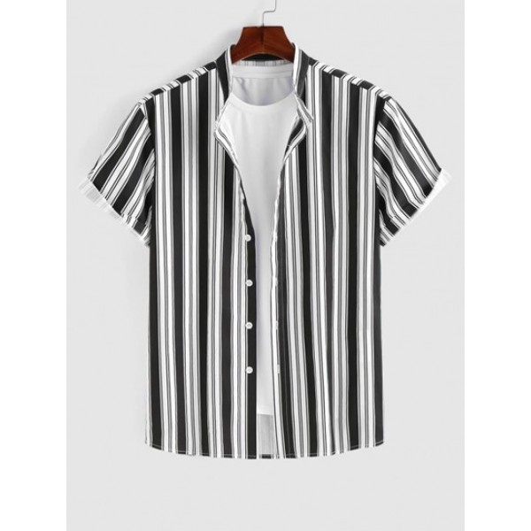 Vertical Striped Stand Collar Shirt And Solid Color Drawstring Shorts Set