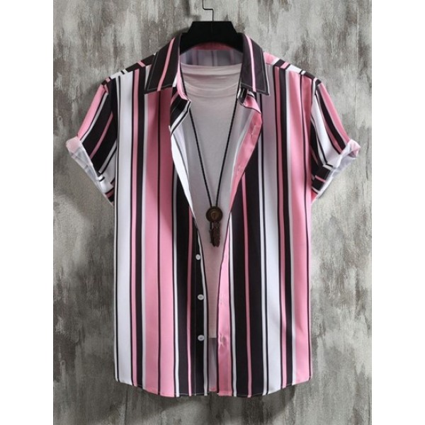 Vertical Stripes Short Sleeve Button Up Shirt And Basic Casual Shorts Set