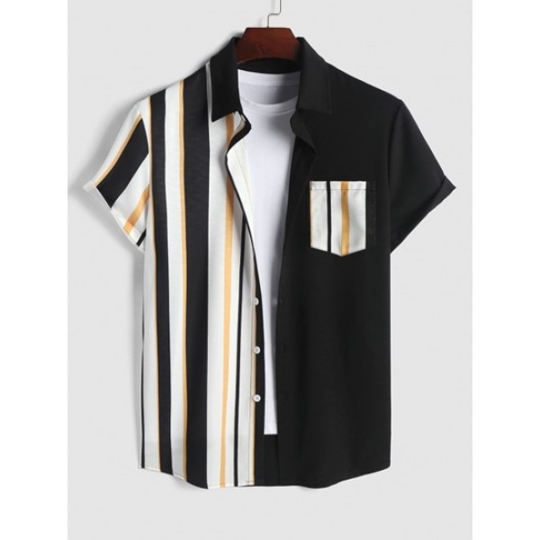 Men's Casual Two Piece Outfits Vertical Striped Front Pocket Design Short Sleeves Shirt And Drawstring Shorts Set