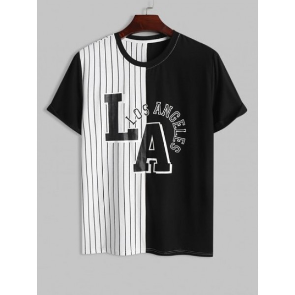 Stripes Panel Letter LOS ANGELES Printed Colorblock T-shirt And Shorts Set