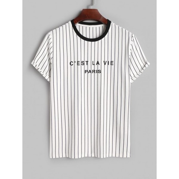 Men's C'EST LA VIE PARIS Vertical Striped Pattern Short Sleeves T-shirt And CHICAGO Letter Drawstring Colorblock Sweat Shorts Casual Sports Set