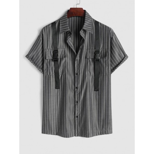 Men's Vertical Stripes Printed Flap Pocket Buckle Strap Design Drop-shoulder Sleeves Button Front Shirt And Solid Color Basic Casual Drawstring Shorts Set