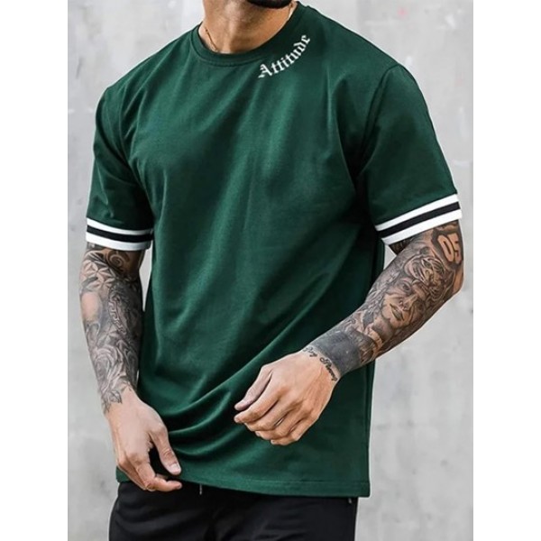 Men's Attitude Letter Striped Short Sleeves 100% Cotton T Shirt And Drawstring Colorblock Geometric Jacquard Sports Shorts Set