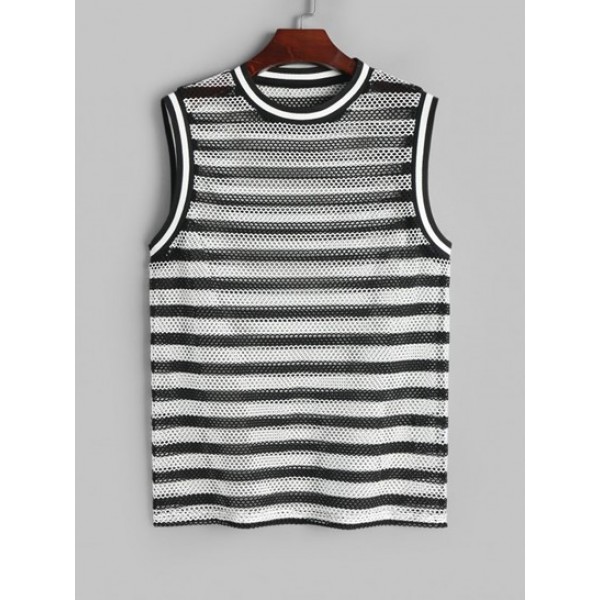 Men's Striped Pattern See-through Mesh Openwork Ribbed Collar Tank Top And Letter Striped Pattern Sport Bermuda Sweat Shorts