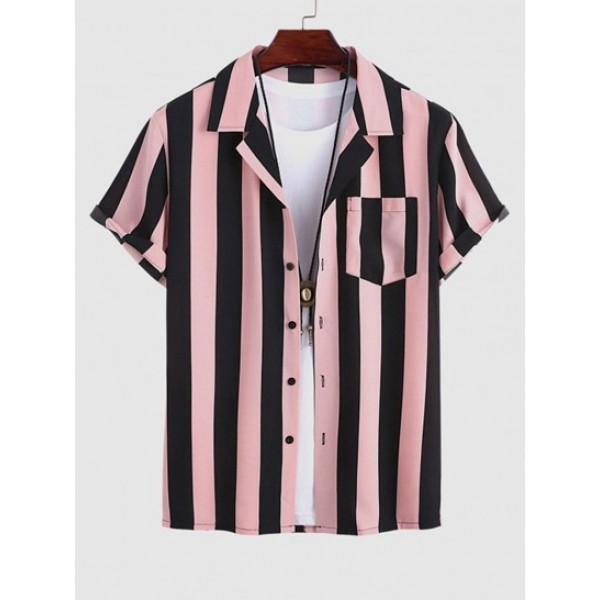 Men's Lapel Collar Short Sleeves Vertical Striped Colorblock Shirt With Basic Drawstring Shorts Set