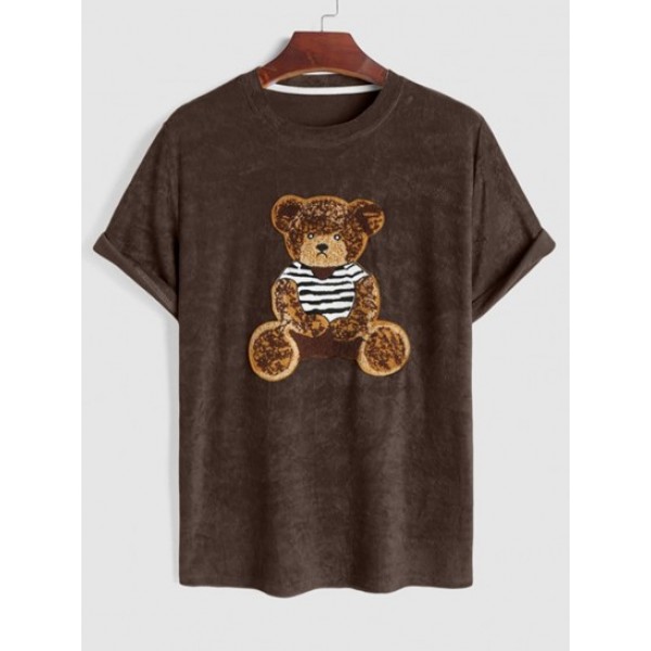 Men's Terry Cloth Crew Neck Cartoon Bear Applique Casual Funny Short Sleeves T Shirt And Basic Minimalism Casual Knee Length Solid Color Drawstring Shorts Set