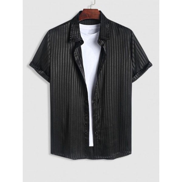 Men's Vertical Striped Silky Satin Short Sleeves Button Front Shirt And Drawstring Bermuda Shorts Set