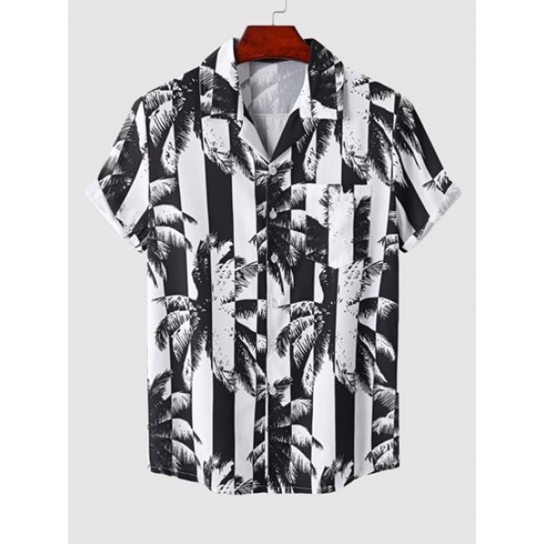 Men's Mix And Match Two Piece Set Hawaii Style Summer Vacation Beach Stripes Palm Tree Printed Camp Collar Button Up Short Sleeves Shirt With Solid Color Basic Shorts Set