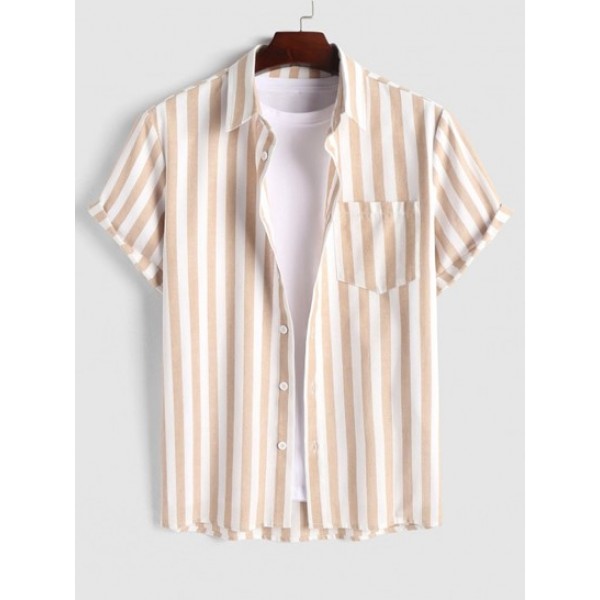 Men's Casual Co Ord Vertical Stripes Pocket Shirt With Drawstring Short Set